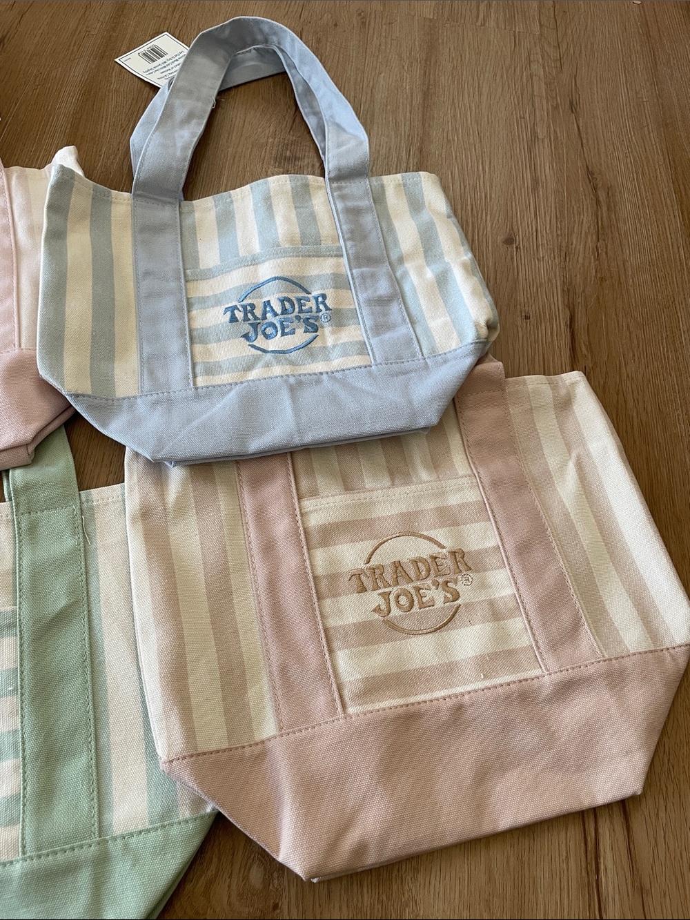 4 Trader Joe’s Pastel mini Stripe Canvas Tote — Pink, Blue, Green, Beige NWT - Picture 3 of 5